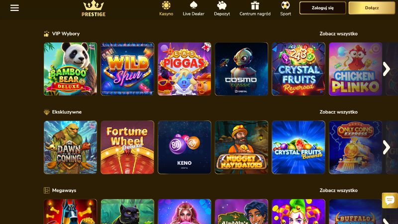 Prestige Casino luksusowy interfejs